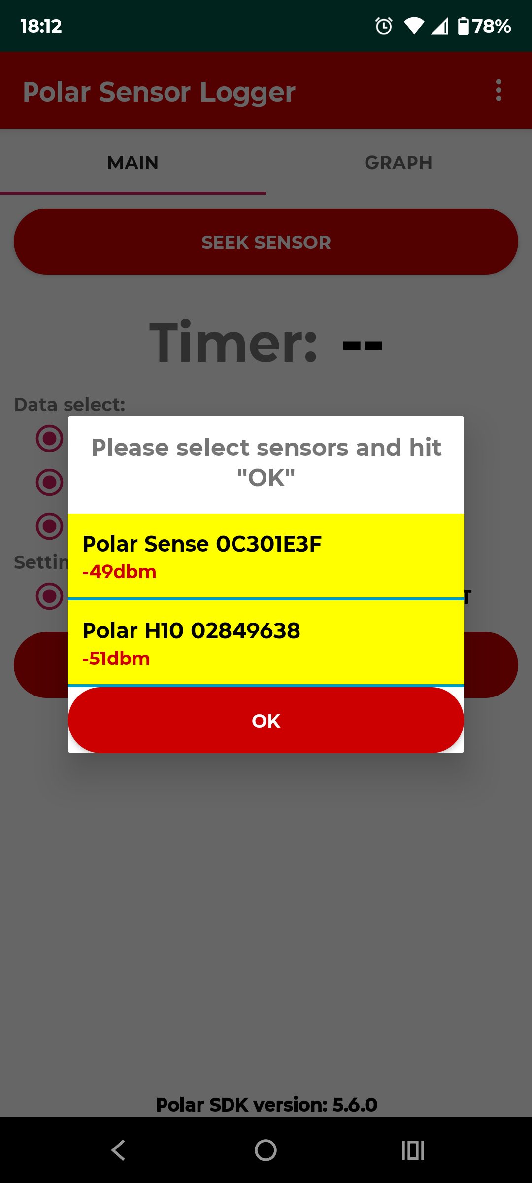 Both sensors highlighted yellow, ready to confirm with OK